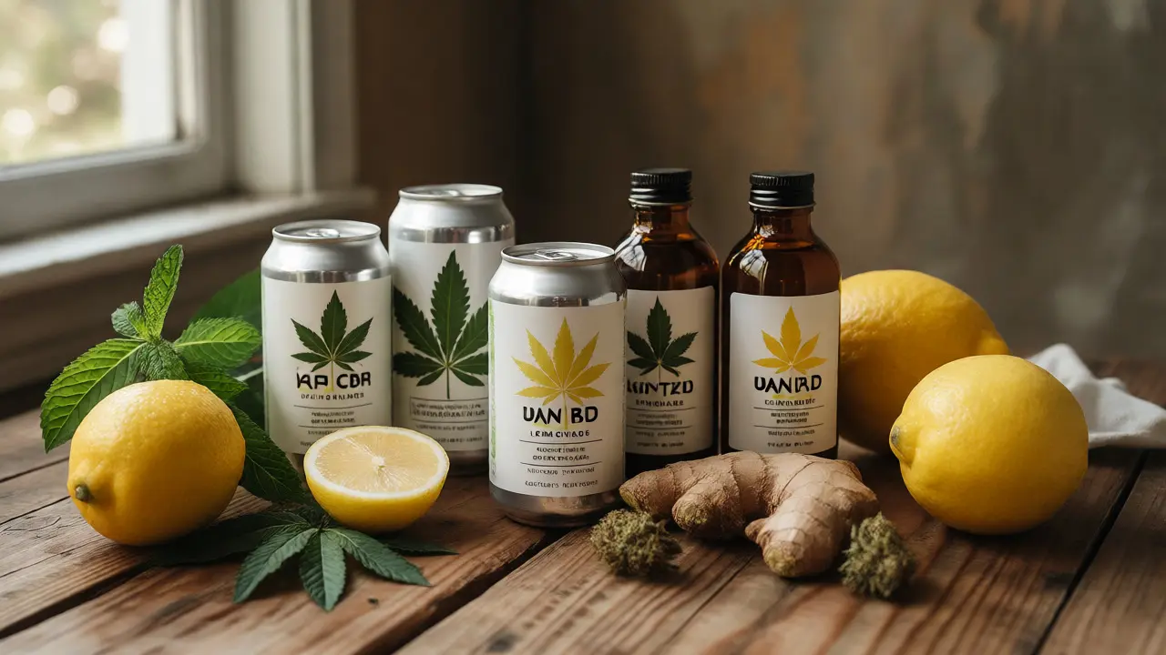 Konopné limonády v plechovkách a lahvích obklopené citrony, zázvorem a bylinkami na stole.