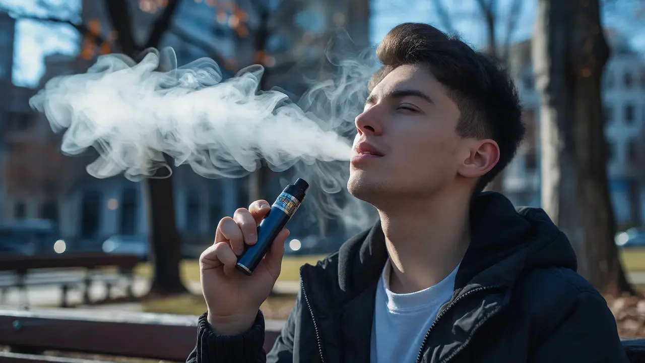 Mladý člověk vdechuje páru z CBD vaporizéru na venkovním místě.