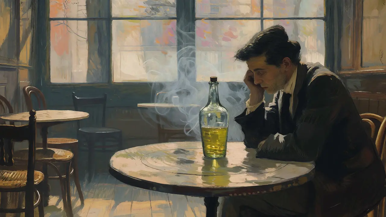 Samotářský umělec v pařížské kavárně s láhví absintu
