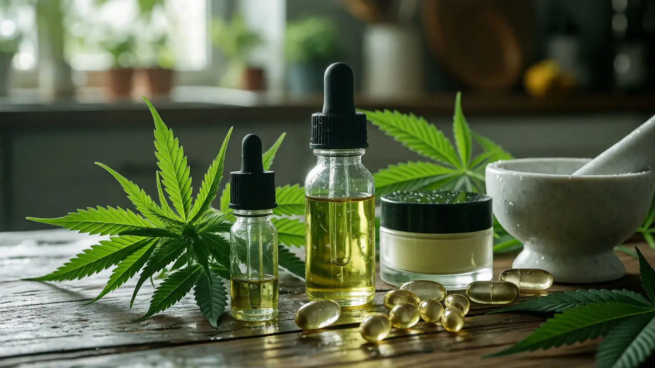 Sbírka CBD produktů s konopnými listy na dřevěném stole.