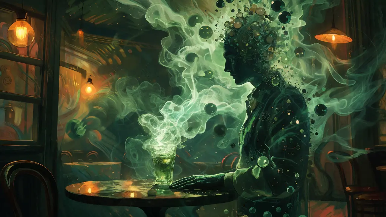 Surrealistická ilustrace postavy rozplývající se v zeleném kouři a molekulách u sklenice absintu.